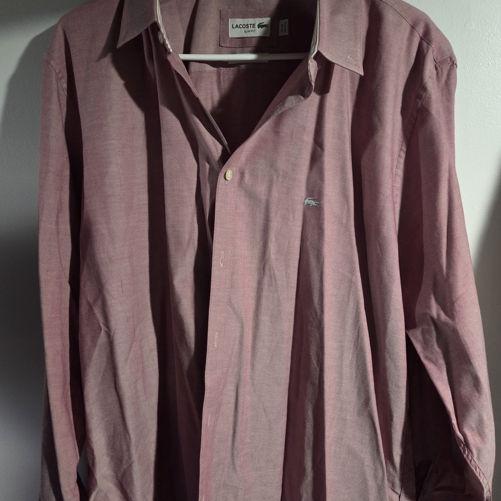 Lacoste Mens Large Slim Fit Stretch Button Up Light Red Acid Wash